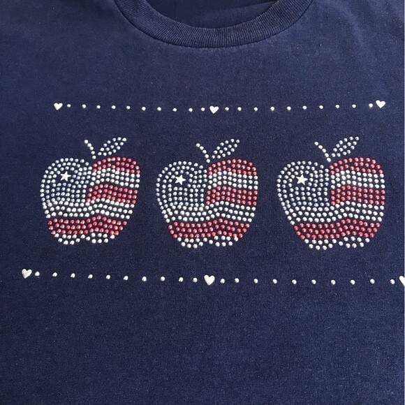 Vintage Jerzees Red Silver Blue Stud Apple Navy Cropped T Shirt Womens Size XL - Picture 5 of 14